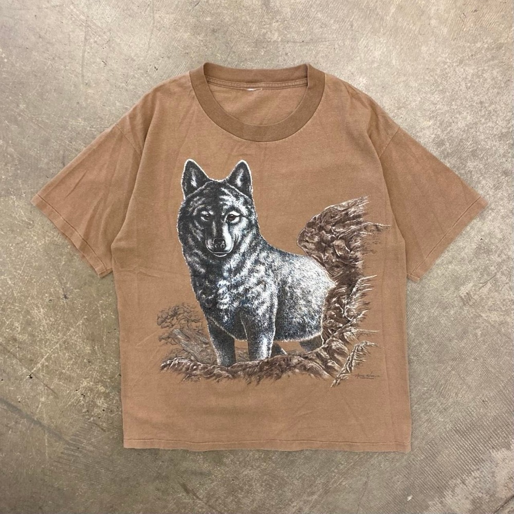 Vintage Wolf Nature Outdoors Wildlife 90s Brown Single Stitch Hazlewood Shirt L